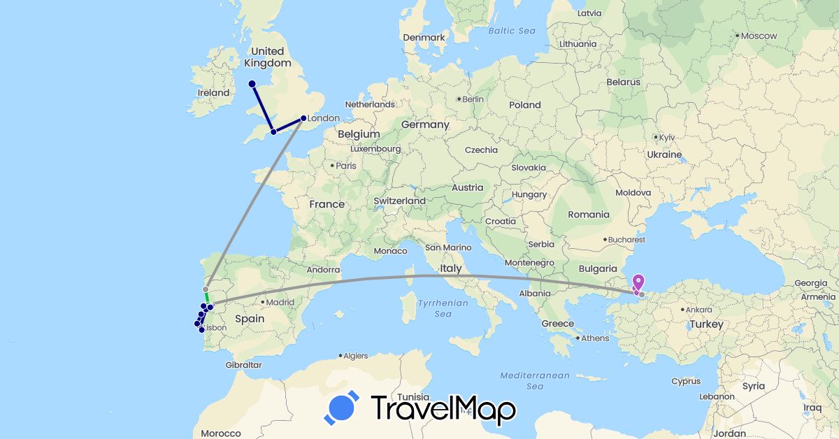 TravelMap itinerary: driving, bus, plane, train, boat in United Kingdom, Portugal, Turkey (Asia, Europe)