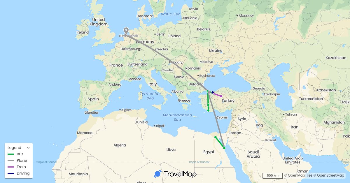 TravelMap itinerary: driving, bus, plane, train in Egypt, Netherlands, Turkey (Africa, Asia, Europe)